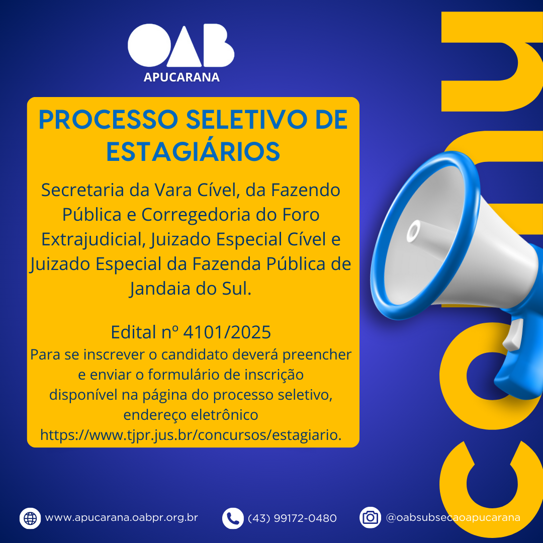 Informamos que, devido ao feriado, a Subseção Apucarana estará fechada nesta sexta-feira (02052025). Retornaremos às atividades normalmente na segunda-feira.